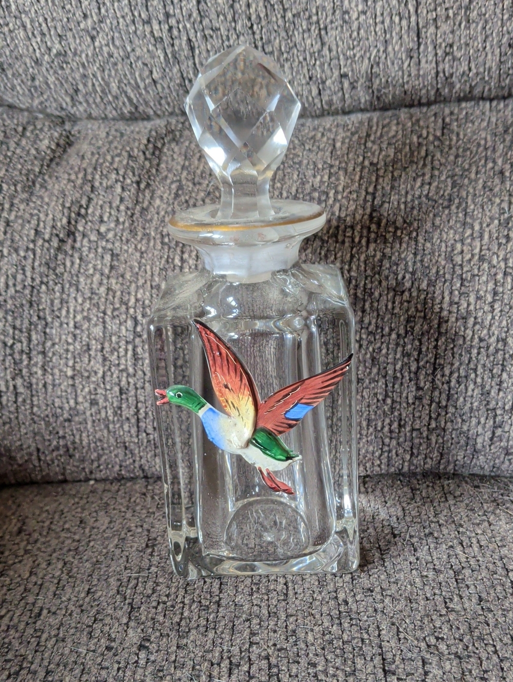 Glass Decorative Decanter with Colorful Flying Bird Accent
